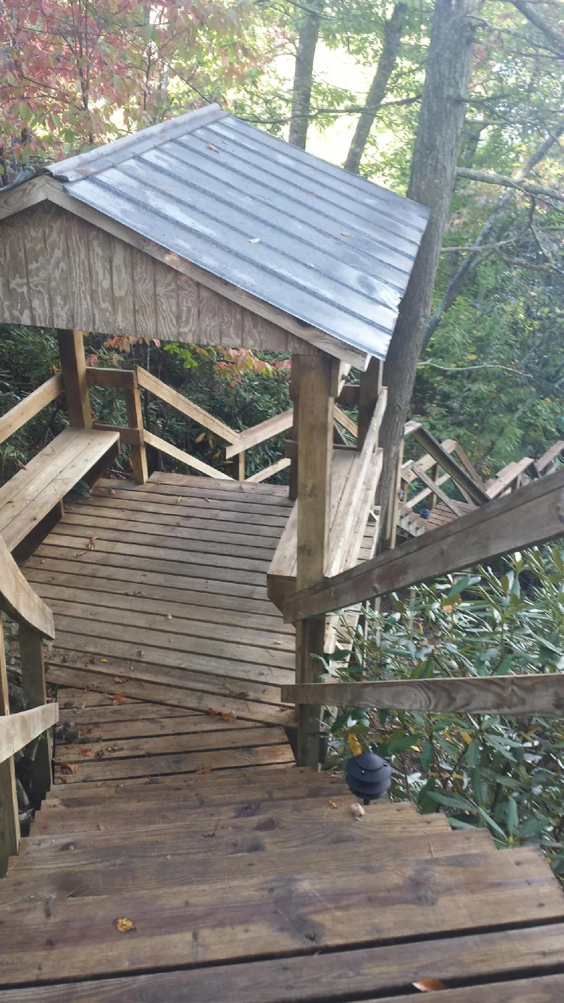 Metal roofed shelter over wooden steps on a wooded walkway — Skylight Repair & Installation work by our crew in Sula